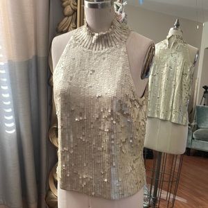 Light gold squares matte sequin stretch mock neck top.